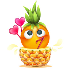 Summer emoji with pineapple cocktail on white background. Funny summer emoticon with cocktail straw and umbrella. Positive vibes, good mood, vacation, travel, holiday concept