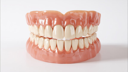 Obraz premium Jaw Model, A minimalist 3D illustration of a detailed model of a human jaw with teeth, being printed for dental planning. The material looks like realistic bone and enamel. 