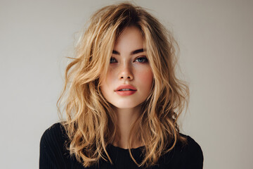 Young woman with tousled wavy hair and minimal makeup on a clean background