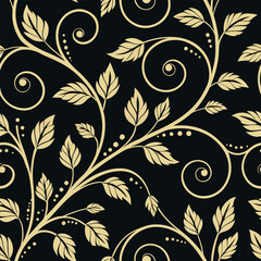 Elegant floral seamless pattern with gold leaves and spirals on black background