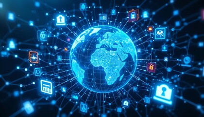 Global Network with Glowing Earth and Connected Data Icons – Internet of Things, Cybersecurity, and Digital Connectivity Concept
