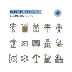 Electricity Grid Icons Power Transmission Substation and Network Elements