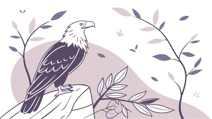 Stylized illustration of an eagle perched on a rock with foliage and leaves in a muted color palette