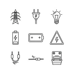 Electricity icons set power lines plug lightbulb battery high voltage warning wires electrical box