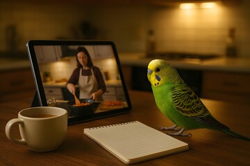 Budgie Watching a Cooking Show in the Kitchen / Green Budgie with Tea, Tablet, and Notepad / Cute Budgie Following a Recipe Video