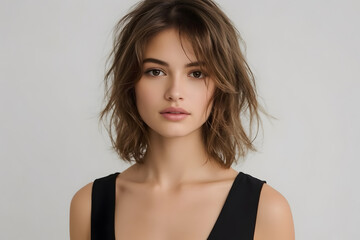 Young woman with tousled wavy hair and minimal makeup on a clean background