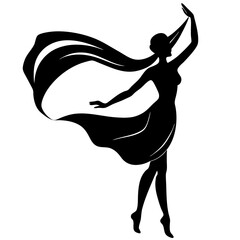 Elegant woman dancing with flowing fabric silhouette vector illustration