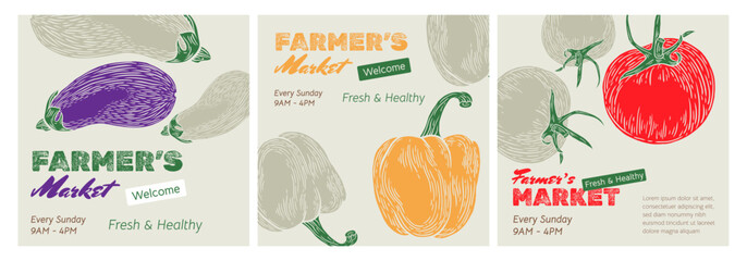Vegetables. Trendy square posters, covers, banners, flyer for farmers market set. Design template Hand drawn sketch food to the harvest fair collection. Vector illustration eggplant, pepper, tomato