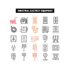 Industrial Electricity Equipment Icons Generator Panel Switch Cable and More