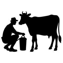Farmer milking a cow with bucket silhouette vector illustration