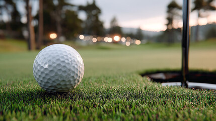  Primer plano de una pelota de golf junto al hoyo sobre césped verde en un campo de golf al atardecer