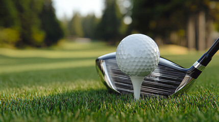 Primer plano de una pelota de golf sobre un tee frente a un palo de golf en un campo verde al aire libre