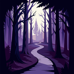 Mystical purple forest landscape with winding path and tall trees in a vector illustration © MAYENUDDIN
