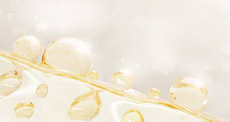 3d gold liquid cosmetic background with wavy surface and oil drops texture. Light yellow clear serum, collagen gel, retinol or biotin vitamin, circle bubbles for skin or hair care. 3D illustration