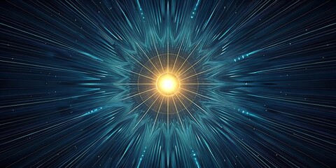 A luminous yellow sunburst emanates from the center of a dark blue digital tunnel.