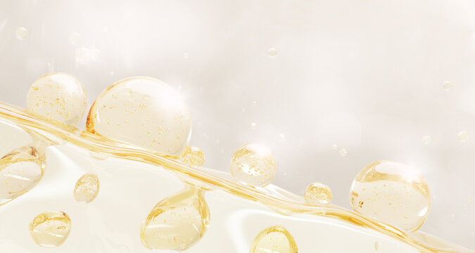 3d gold liquid cosmetic background with wavy surface and oil drops texture. Light yellow clear serum, collagen gel, retinol or biotin vitamin, circle bubbles for skin or hair care. 3D illustration