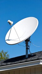 White satellite dish atop a house under a clear blue sky