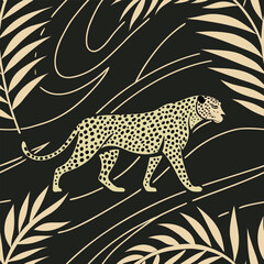 Elegant leopard silhouette strolling amidst palm fronds on black background vector art