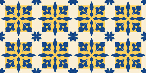 Modern geometric tiles seamless pattern. Mediterranean motif. Abstract floral background, banner, cover, flyer. Arabic mosaic. Damask. Vector illustration.