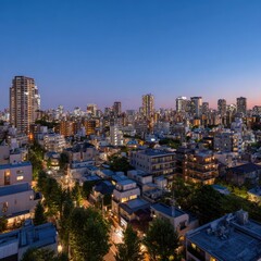 Cityscape at twilight, dense urban sprawl
