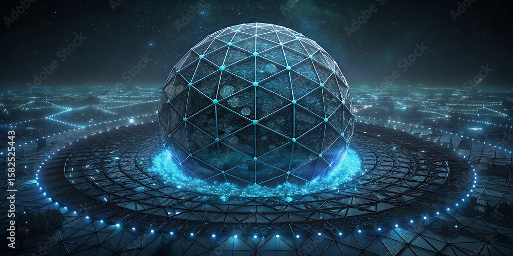 Poster a glowing futuristic sphere with intricate geometric patterns illuminates a digital landscape.