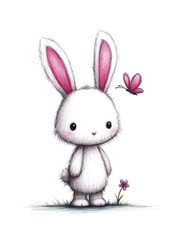 Obraz premium Cute white bunny with pink details, flower, and butterfly