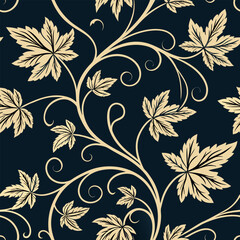 Elegant repeating floral pattern featuring stylized leaves and swirling vines on a dark background design