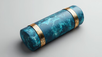Futuristic Capsule with Blue Cloud Pattern and Gold Bands on White Surface
