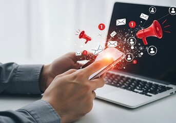 Close-up of hand holding smartphone with explosion of email and social media notifications
