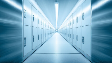 Empty school hallway with symmetrical metal lockers, leading to a vanishing point under soft fluorescent light.