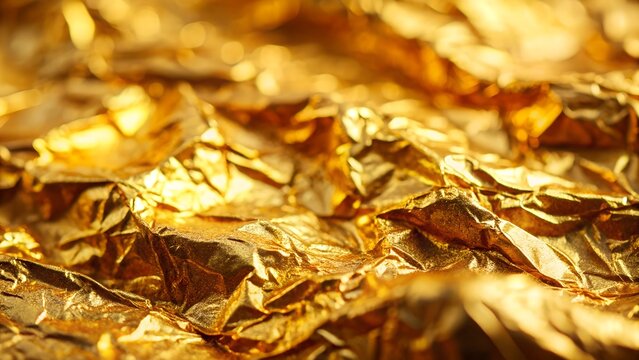 Closeup of crumpled shiny gold foil texture