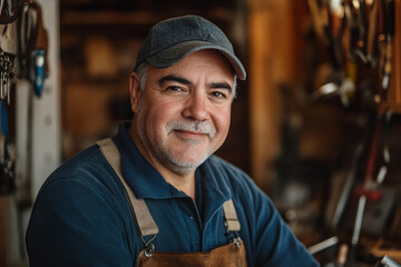 Fototapeta premium Generative AI portrait of confident young male jeweler in creative studio workshop setting with soft warm lighting