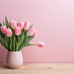 A bouquet of pink tulips in vase on a wooden surface. The background is a soft pink, providing ample space for text or copy.