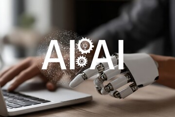 Close-up of human hands using a laptop with an AI robotic arm overlay