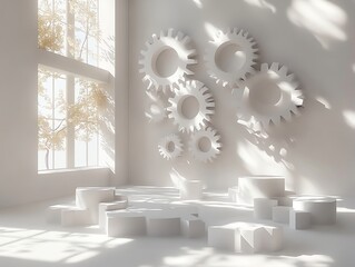 Minimalist White Gears Wall Art in Bright Modern Room with Sunlight