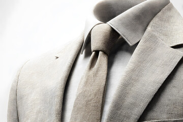 A mockup of a classic business suit, featuring a crisp blazer with subtle texture and fine stitching details