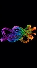 3D render of glowing light trails in vibrant rainbow, dynamic visual effect.  Abstract swirling energy trails form a glowing abstract oval shape with vibrant colors. Light in motion a dark background