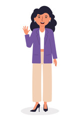 Colorful young woman character waving hand, dressed in stylish outfit and expressing joy in a cheerful and friendly way. Flat style character isolated on white background. Vector illustration.