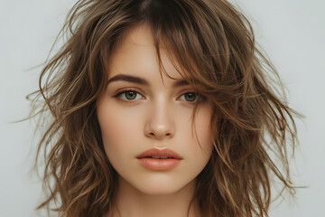 Young woman with tousled wavy hair and minimal makeup on a clean background