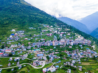 Drone view of Dhunche Bazar in Rasuwa, Nepal
