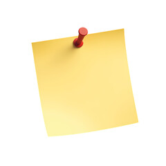 Yellow sticky note attached with a red push pin isolated on transparent background