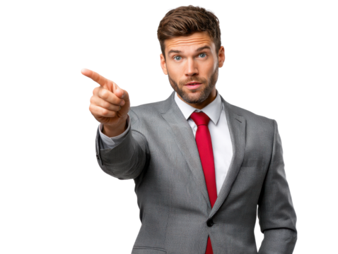 Confident Direction: A sharp, professional man in a gray suit and red tie confidently points towards something, his focused expression commanding attention.