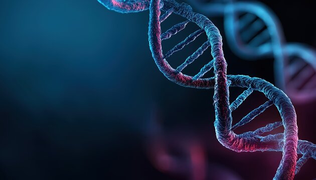Abstract 3D rendering of double helix DNA with copy space on dark blue background, close up view showcasing minimalistic medical and science theme concept