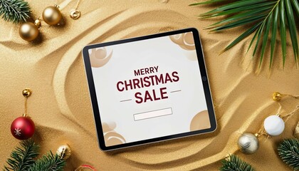 A tablet displaying a 'Merry Christmas SALE' message rests on sandy beach with palm leaves and decorative ornaments around it.