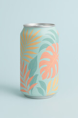 Tropical leaves beverage soda can mockup with pastel botanical design for exotic drink branding and colorful summer packaging presentation isolated on soft background