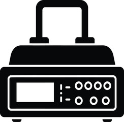 Fototapeta premium Black and white graphic of a portable electronic device with a screen, buttons, and a carrying handle.