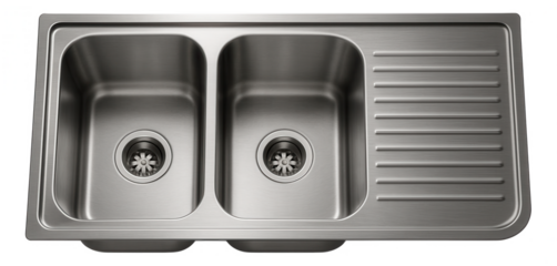 A corner double bowl kitchen sink with an integrated drainboard, crafted from stainless steel, suitable for compact apartment kitchens.