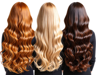 Three Back View Hairpieces – Curly Brunette, Straight Blonde, and Layered Red – Transparent PNG Cutout