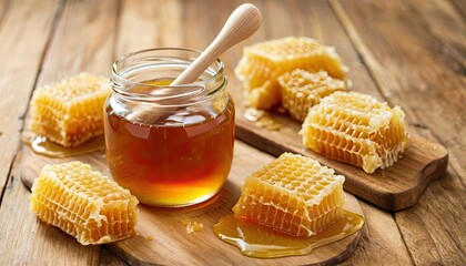 A jar of honey with a wooden dipper sits on a wooden board. Surrounding it are pieces of honeycomb. natural health, eco-f products