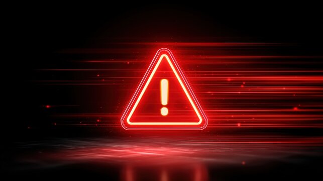 Glowing Red Exclamation Warning Sign: Prohibition Danger & Virus Alert on Black Background, Cybersecurity Forbidden Symbol
